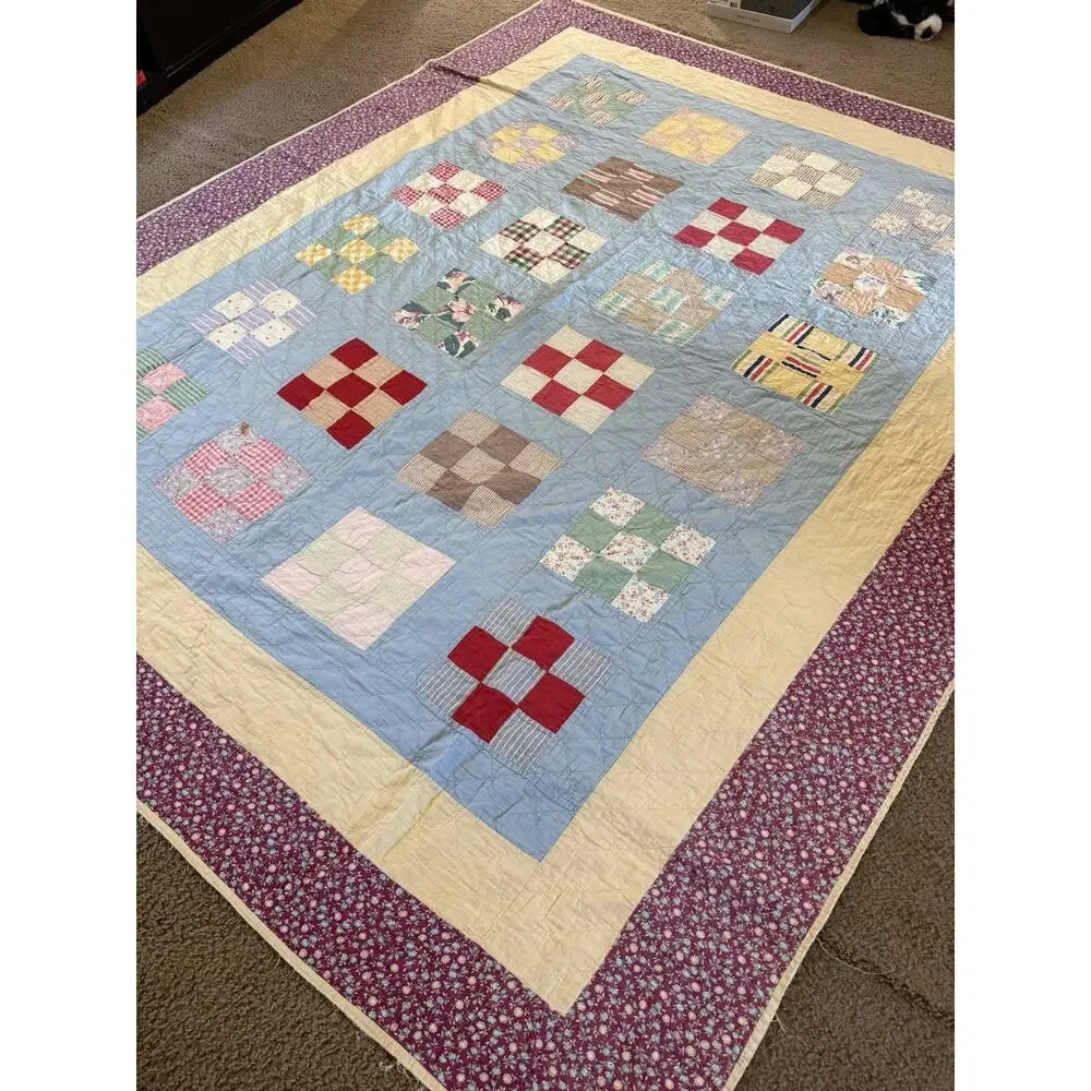 Vtg CottageCore Hand sown Patchwork Quilt 78x94 Reversible Yellow Distressed